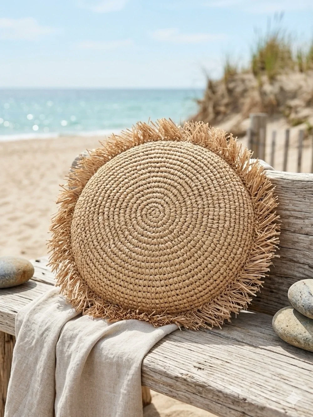 Natural raffia Bali coastal Straw Round Decorative Pillow - Beige
